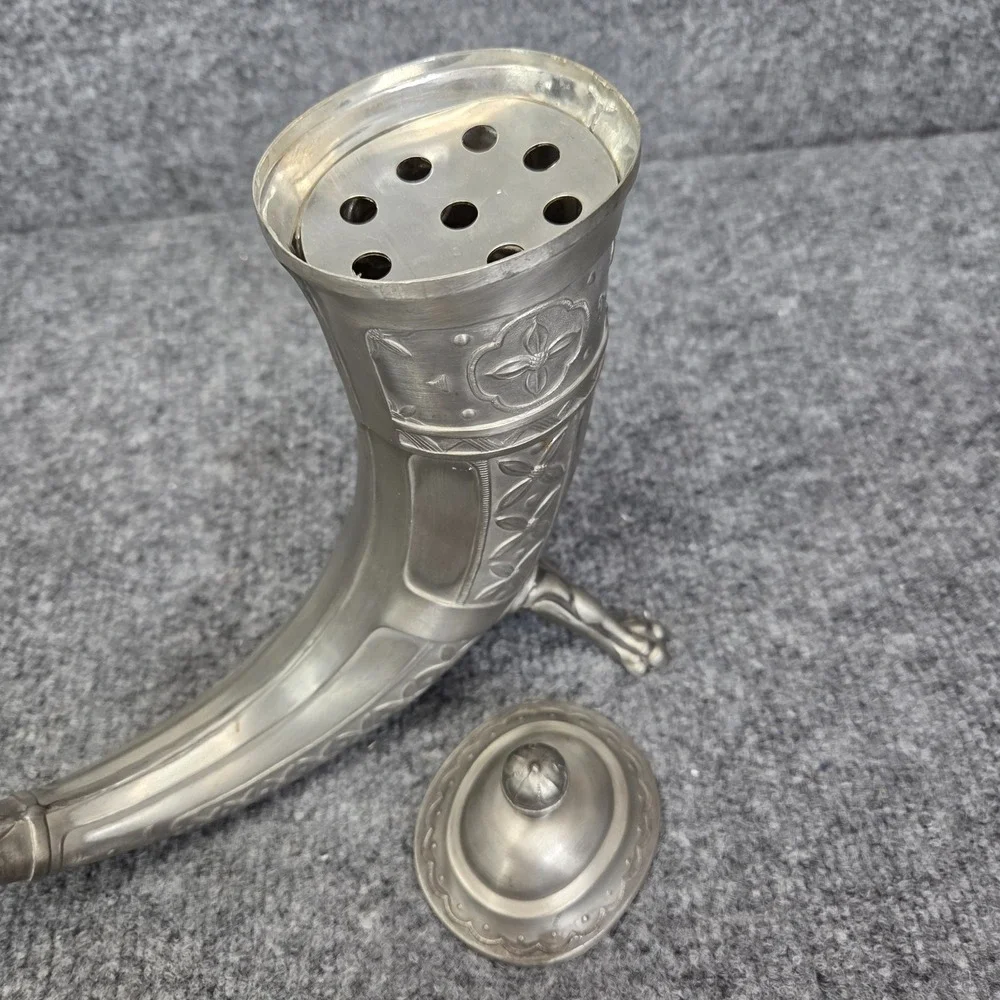 Vintage Aksel Holmsen Pewter Viking Drinking Horn with Lid Made in Norway 1930's